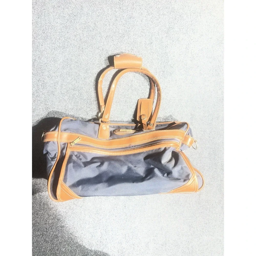 Jaguar Navy Blue Nylon Duffel Bag Tan Trim Travel Luggage Weekend‎ Bag